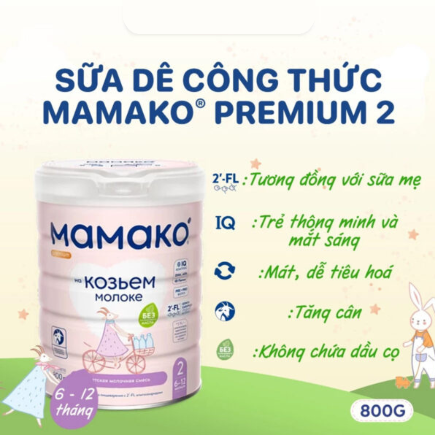 Sữa Dê Công Thức MAMAKO Premium Nga Euro Store Số 2 – 800g tăng cường miễn dịch